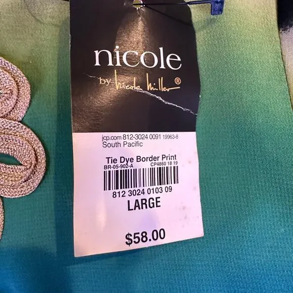 NWT Nicole Miller Large blouse cover up turqouise tie dye border sheer resort - Picture 7 of 8